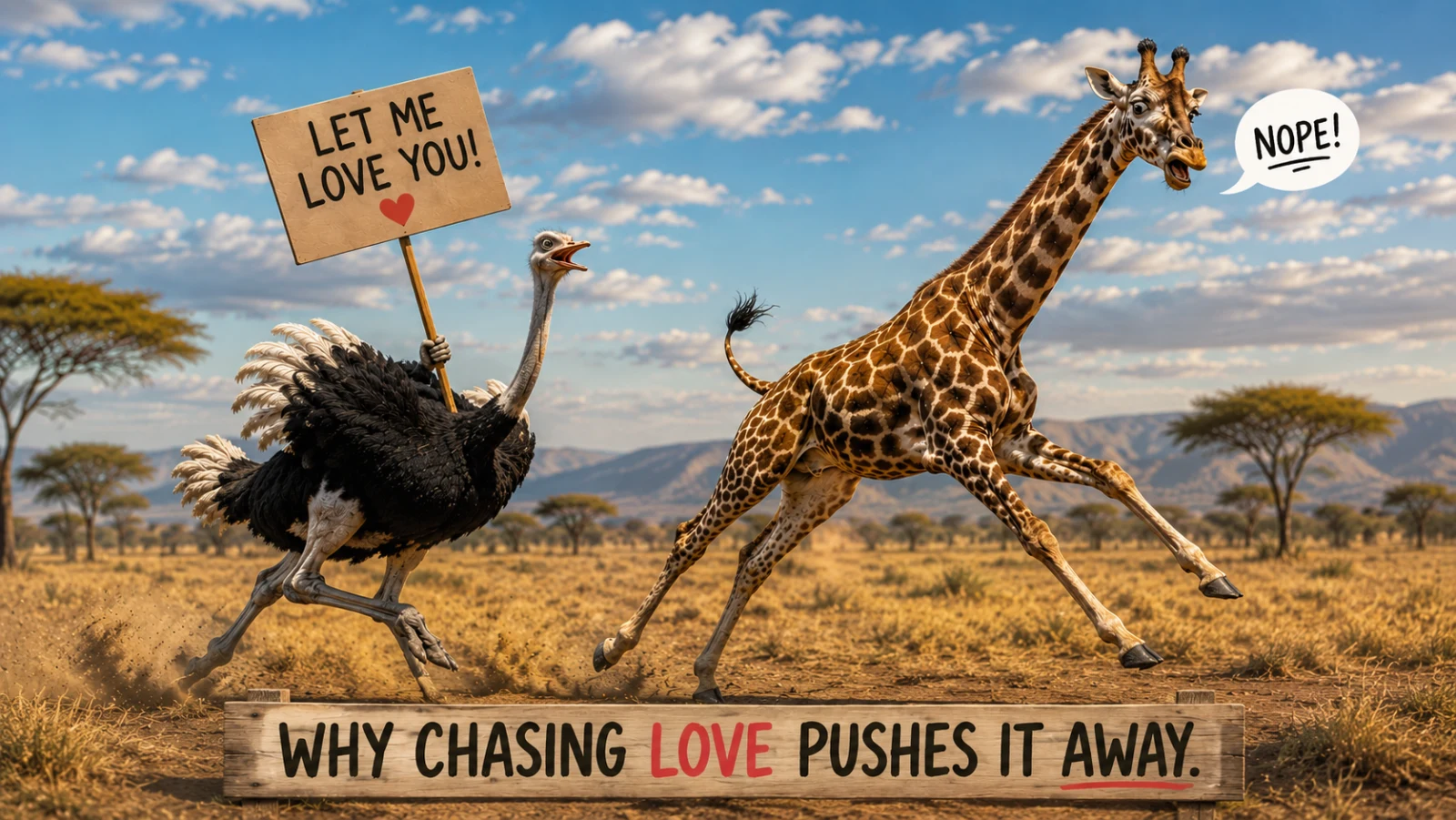 A playful take on why chasing love pushes it away. | An ostrich holding a "Let me love you" sign chasing a giraffe who says "Nope," a humorous illustration of how pursuing love can push it away. Curated by Zac Spowart, Love Unlocked.
